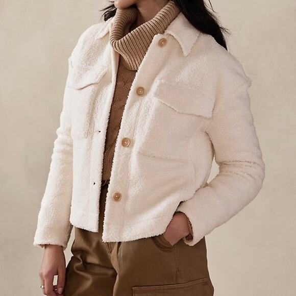 Banana Republic Factory Sherpa Trucker Jacket Ivory Cozy Button-Up Size Large - Picture 1 of 9